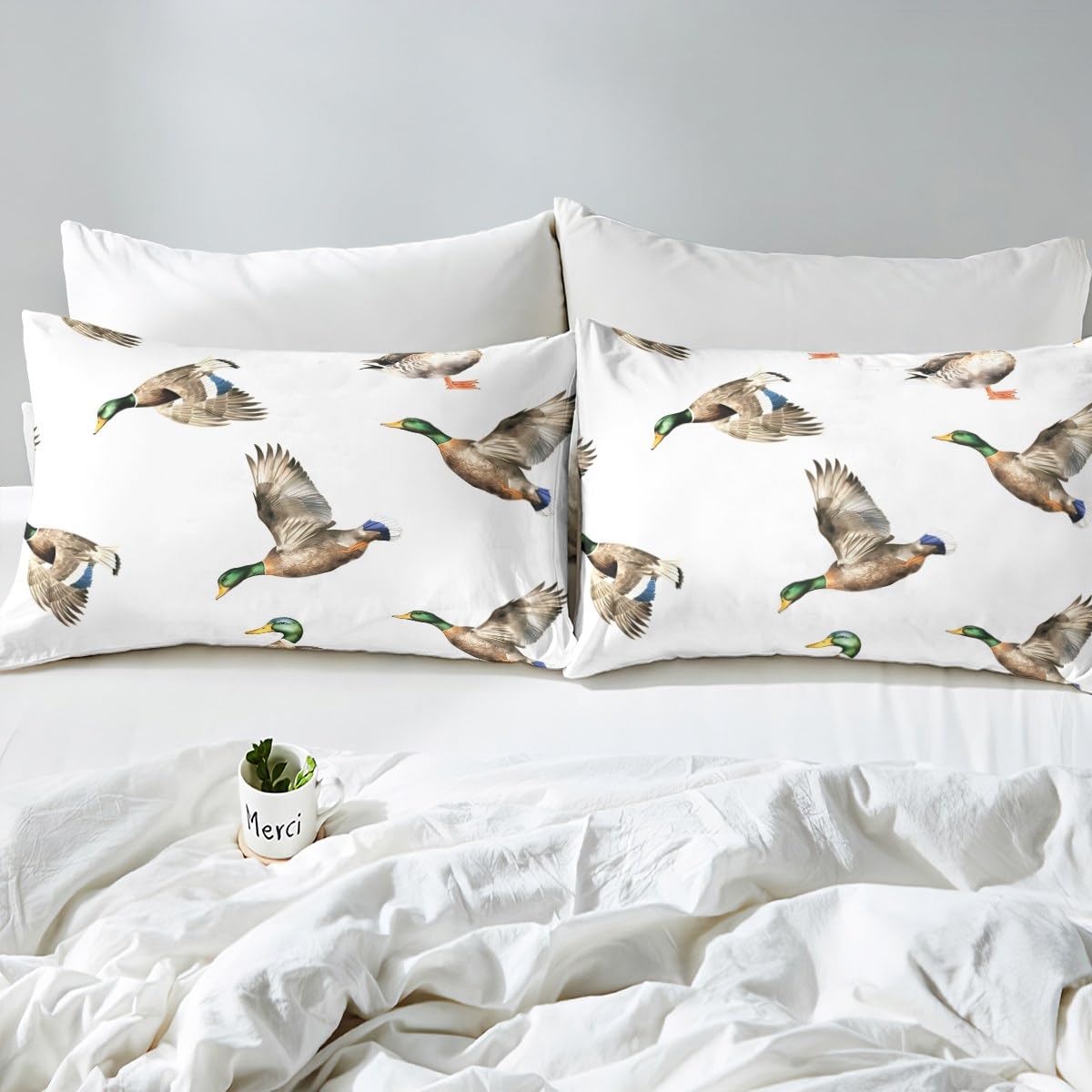 Drap Housse 90x190 + Taie 65x65 Motif Canard Colvert - Microfibre Douce, Hauteur Matelas 30cm - Décoration Chasse