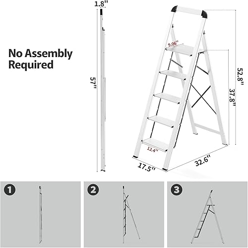 Miniatura 16 de KINGRACK Escalera de escalón, 2 escalones, escalera plegable con pasamanos, escalera doméstica antideslizante con seguridad plegable, taburete