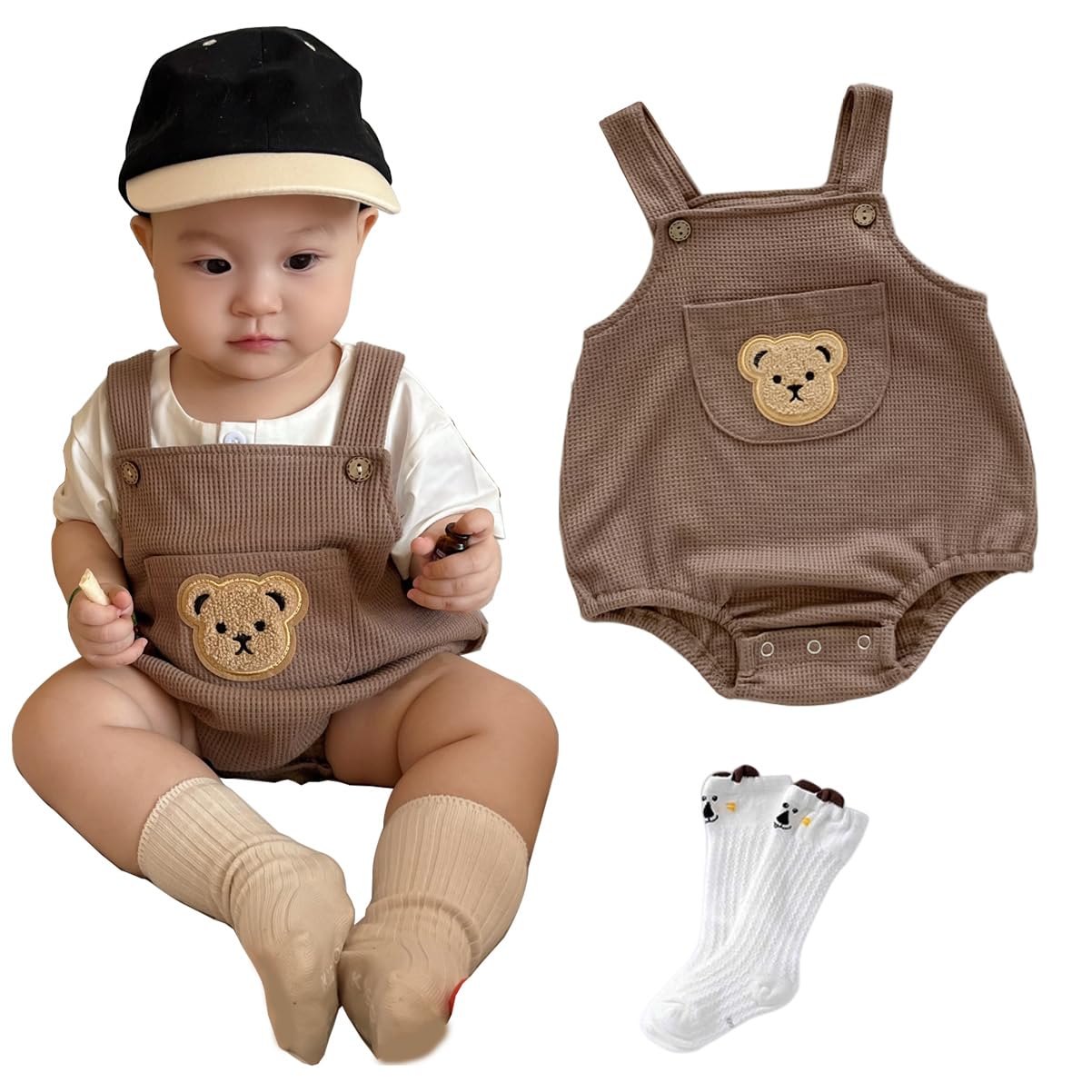 [TUPOLILI] ワッフル ロンパース サロペット ベビー くま ワッペン ポケット 赤ちゃん 綿 オールインワン オーバーオール 子供服 カバーオール 保育園 出産祝い 兄弟 姉妹 夏服 カジュアル おしゃれ かわいい 春服 ギフト