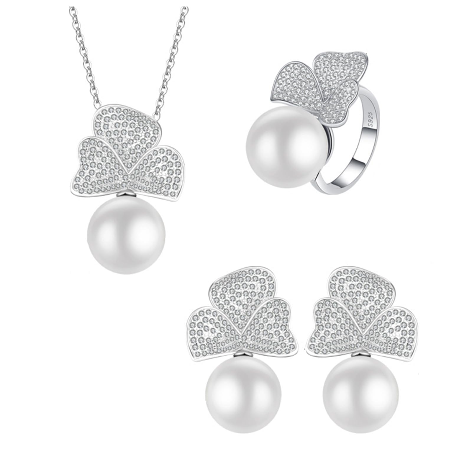 Set di gioielli da sposa in argento Sterling 925 con ciondolo a forma di trifoglio, collana con ciondolo a forma di fiore, orecchini con perle finte, 5 misure di anello (7), 7, metallo, senza pietre