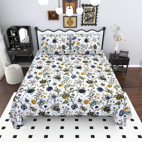 Image of Mafatlal Saanjh 144 TC Cotton King Size Bed Sheet 108x108 Inch | Traditional Ethnic Print Bedsheet | Soft Skin Friendly Fabric | 2 Pillow Covers Included | Ethnic Multicolor