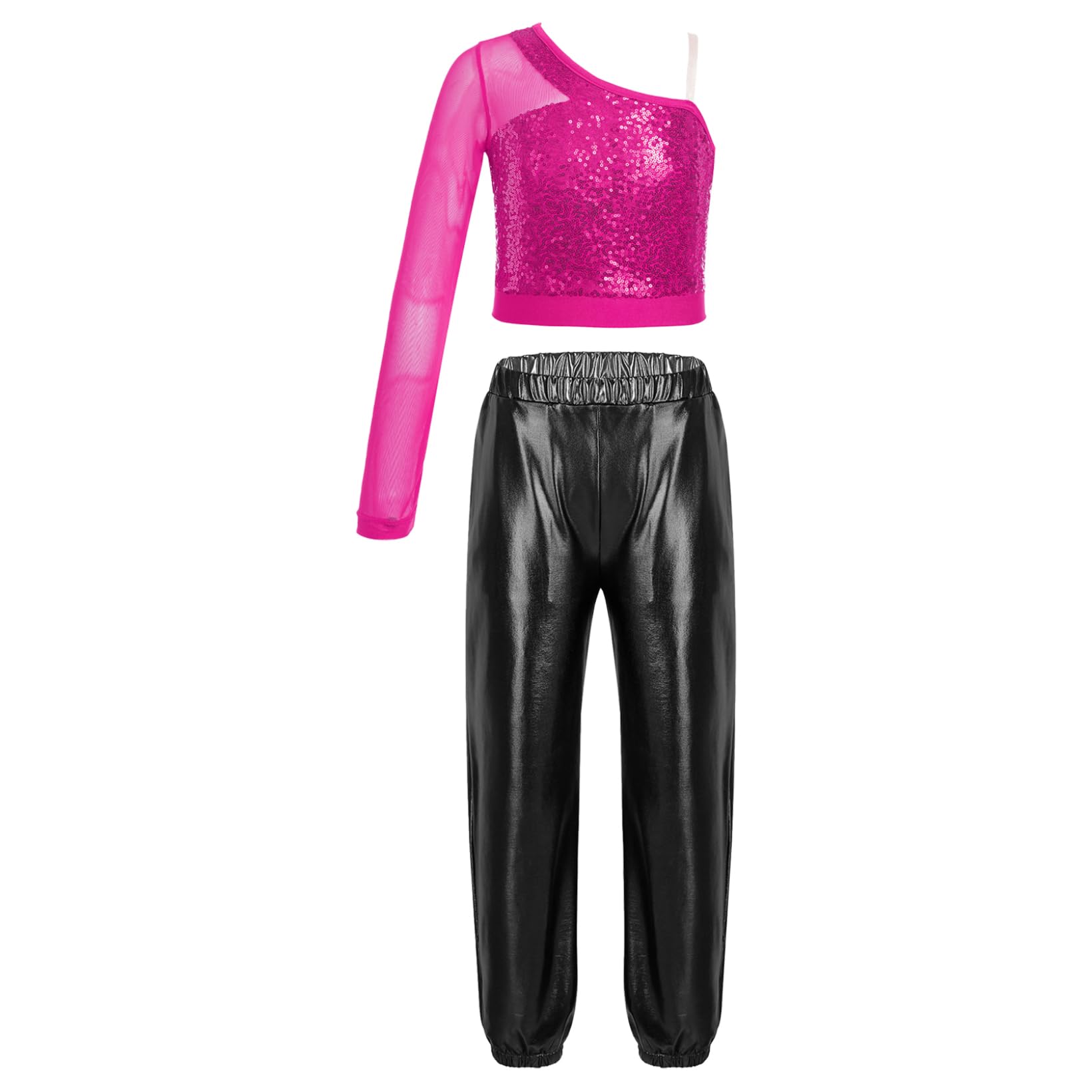 JanJean Kids Girls 2Pcs Dance Tracksuit Shiny Metallic Crop Top with Athletic Sweatpants Jazz Hip Hop Jazz Dance Costume Hot Pink&Black B 12 Years