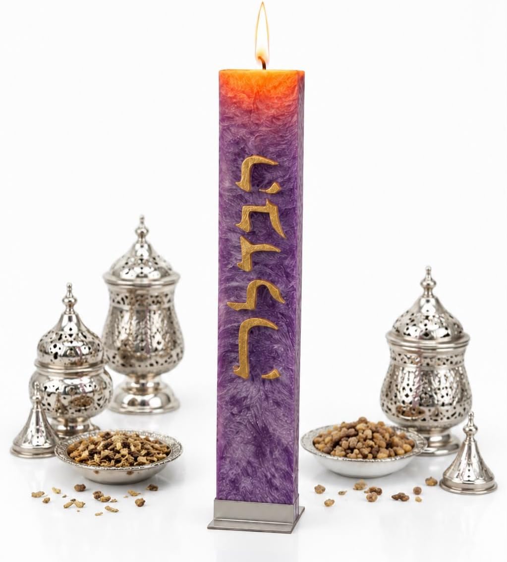 Havdalah Candle Snowflake Grained Marble Design, 2 Wick, Long Lasting, High Quality Judaica Gift (Beige)