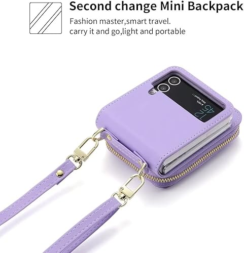 Miniatura 8 de Funda de piel con cremallera para Samsung Galaxy Z Flip 4 con 6 ranuras para tarjetas, con correa para la muñeca y correa de hombro ajustable, mini