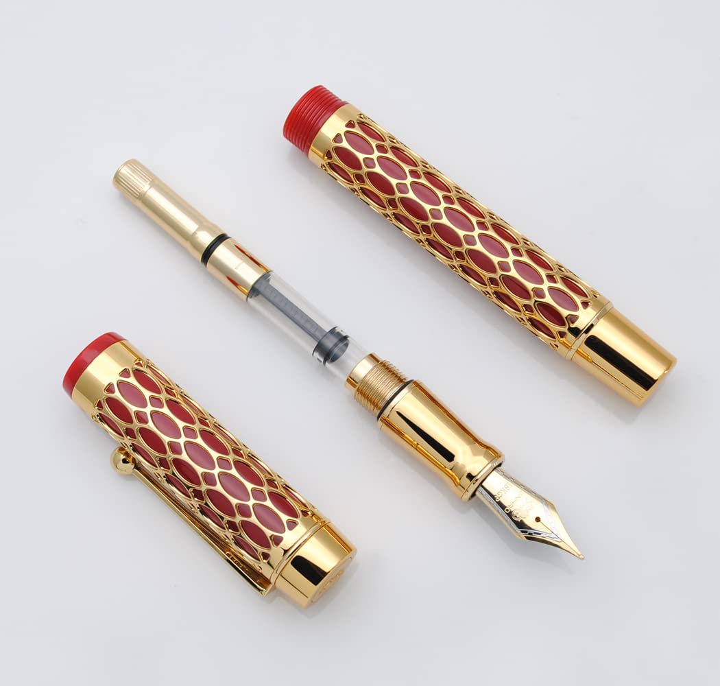 JINHAO 100 Fountain Pen Metal and Resin Grid Skeleton Writing Pen with Converter (Medium Nib, B-Red) - Image 4