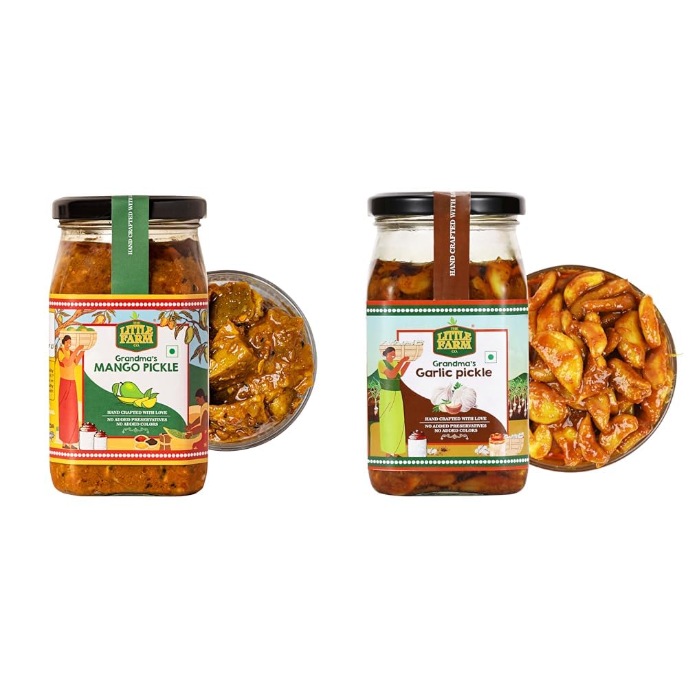 THE LITTLE FARM CO Punjabi Mango Pickle - Aam ka Achar | Mango Pickles with Saunf, 400g and Garlic Pickle - Lehsun ka Achar | Less Oil Mustard Base Homemade Garlic Pickles with Jaggery 400g