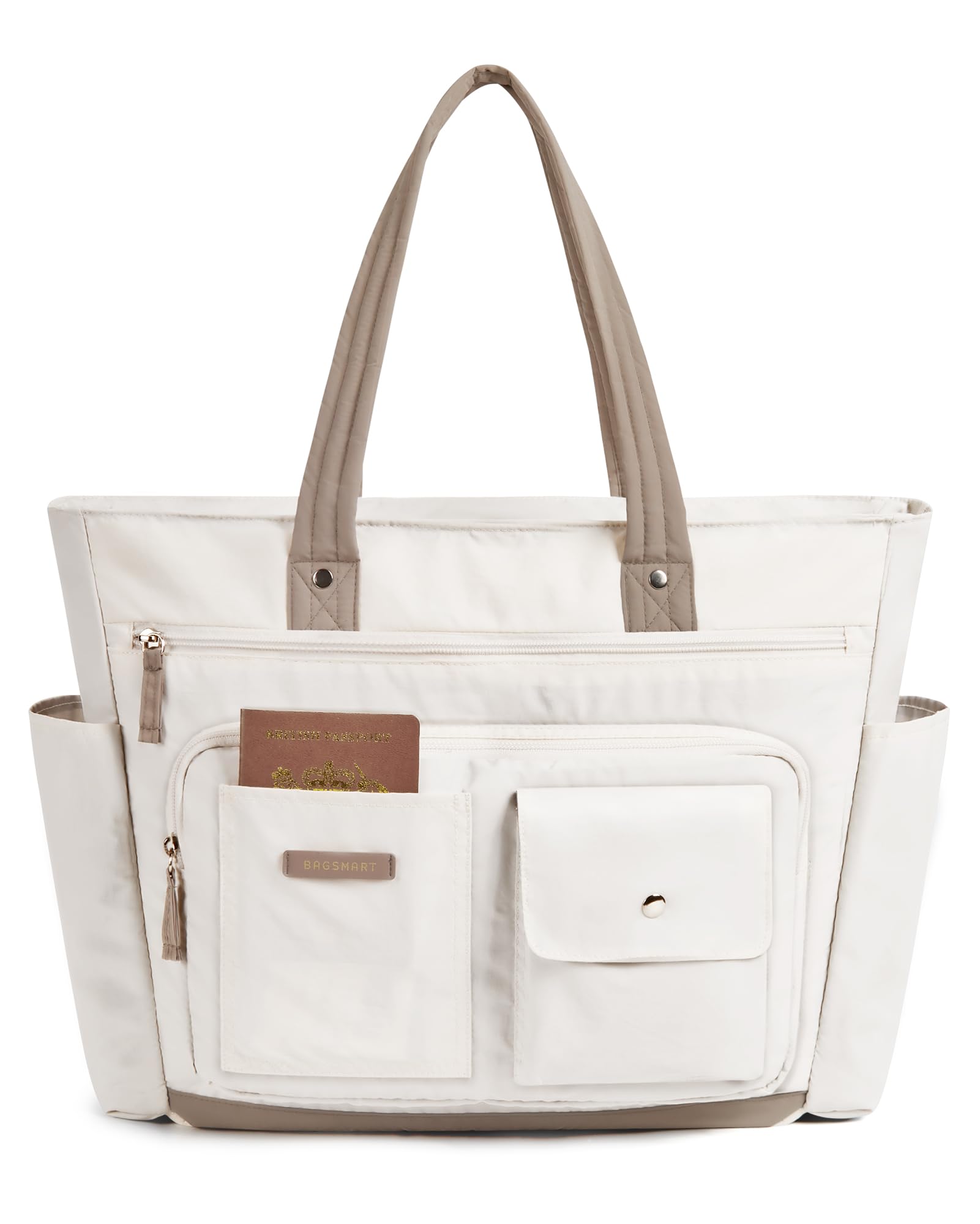 BAGSMART Small Tote Bag for Women, Lightweight Zippered Travel Handbag Casual Purse for Work, Cream
