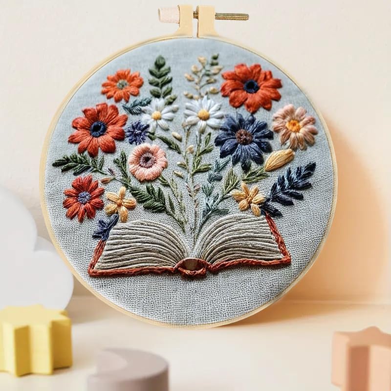 Image of Huacan 1pc Floral Book Embroidery Cross Stitch Kit - Vibrant Floral Design with Open Book & Butterflies, Includes Pattern & English Instructions, Perfect for Wall Decor in Living Room