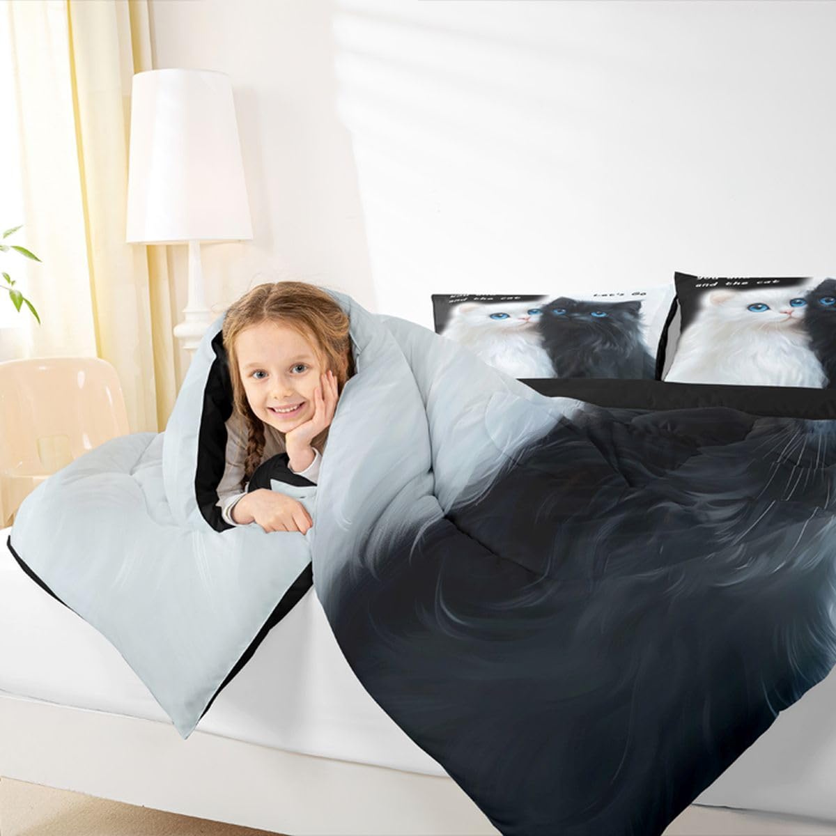 Homewish Nero Bianco Gatti Singolo Coverless Set Copripiumino Poliestere | Set di biancheria da letto con copripiumino e 1 federa per gli amanti degli animali domestici, con occhi azzurri