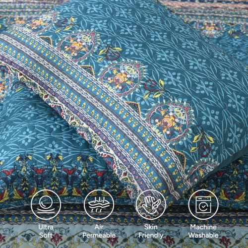 Image of Andency Brown Green Quilts Queen Size, 3 Pcs Boho Striped Bedspread | Soft Lightweight Brown Green Printed Bohemian Polyester Reversible Coverlet Comforter Sets for All Season (90 inchx96 inch)