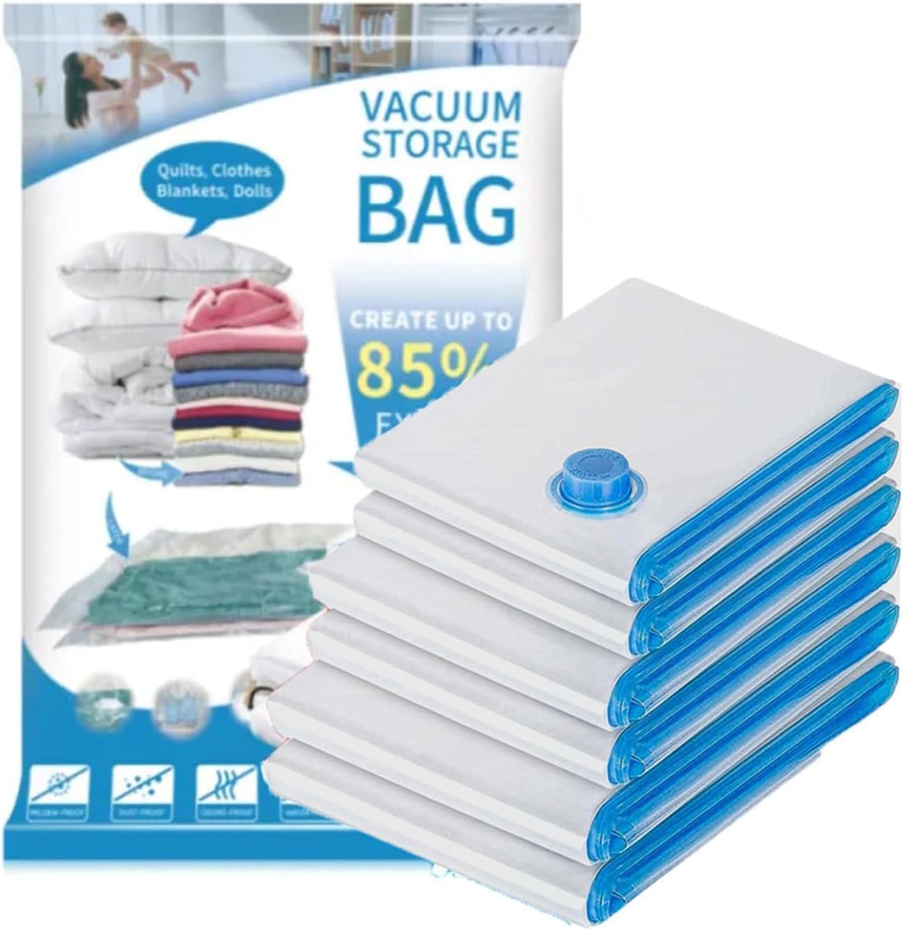 Vacuum Storage Bags - Space-Saving Bags for Clothes, Duvets & Bedding - Reusable Compression Storage Bags with Airtight Zipper & Valve Compatible with Vacuum Cleaner (Medium, Large, Jumbo, 12, count)