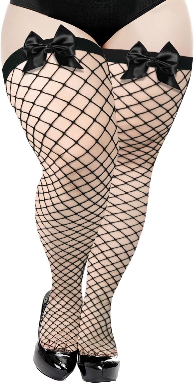Plus Size Fishnet Stockings with Bows Thigh High Stockings for Women Stay up Lingerie for Cosplay Tight