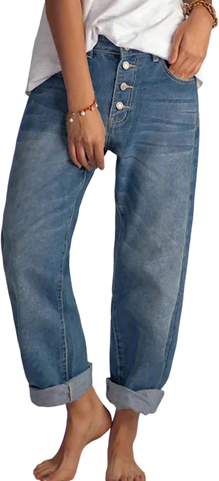 AkivideWomen's Baggy Ankle Jeans Casual Loose Straight Leg Button Boyfriend Cropped Cute Denim Pants