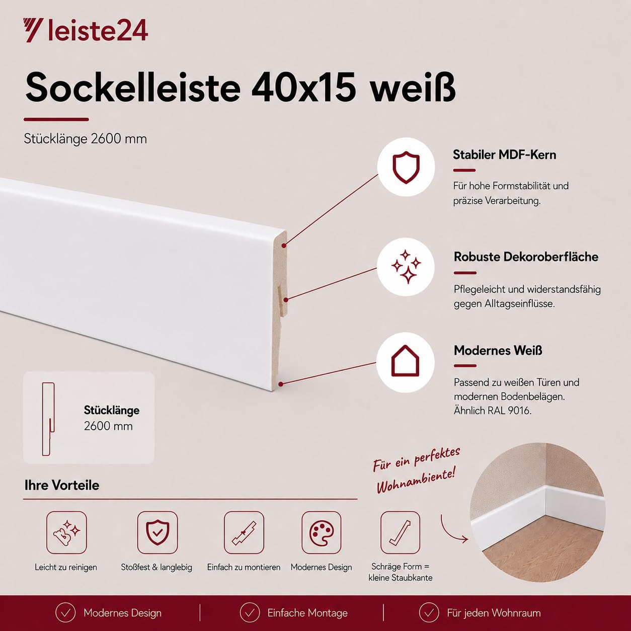 Leiste24 26 m - Plinthe 40 x 15 mm - Blanc