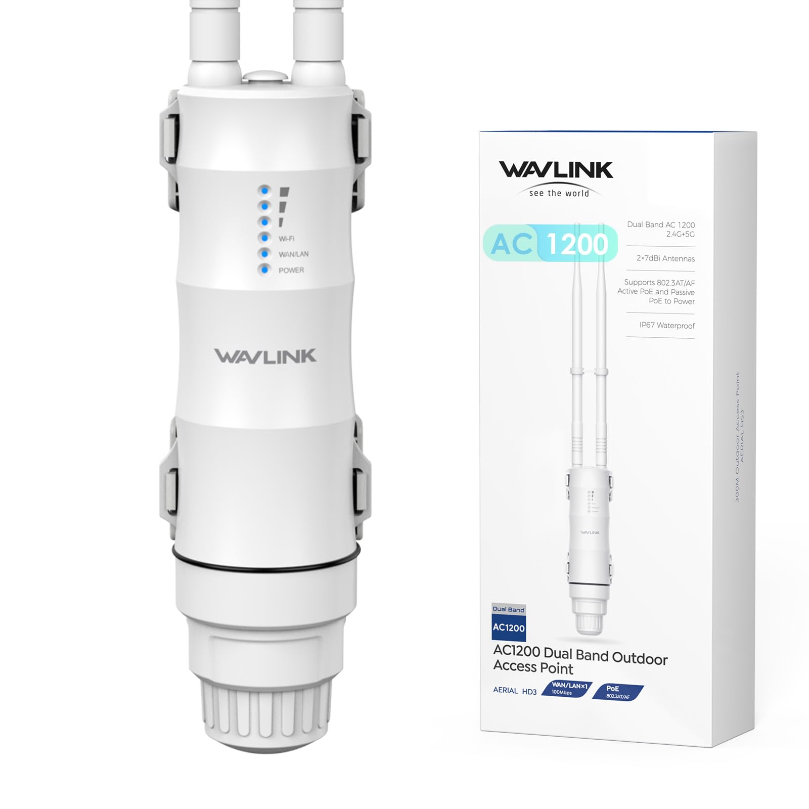 WAVLINK AC1200 Répéteur WiFi Extérieur Longue Portée PoE - Amplificateur Signal Double Bande 2.4G + 5G IP67 Étanché, Point d'Accès Outdoor avec Antennes Puissantes, Idéal Jardin Piscine Parking - 2