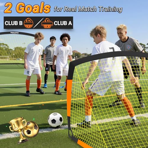 Happy Jump Pop-Up Fußballtore – 152x110 cm, 2 Tore, Schwarz Orange mit Ball, Pumpe, Hütchen & Zielscheibe | Komplettes Training-Set für Garten & Familie
