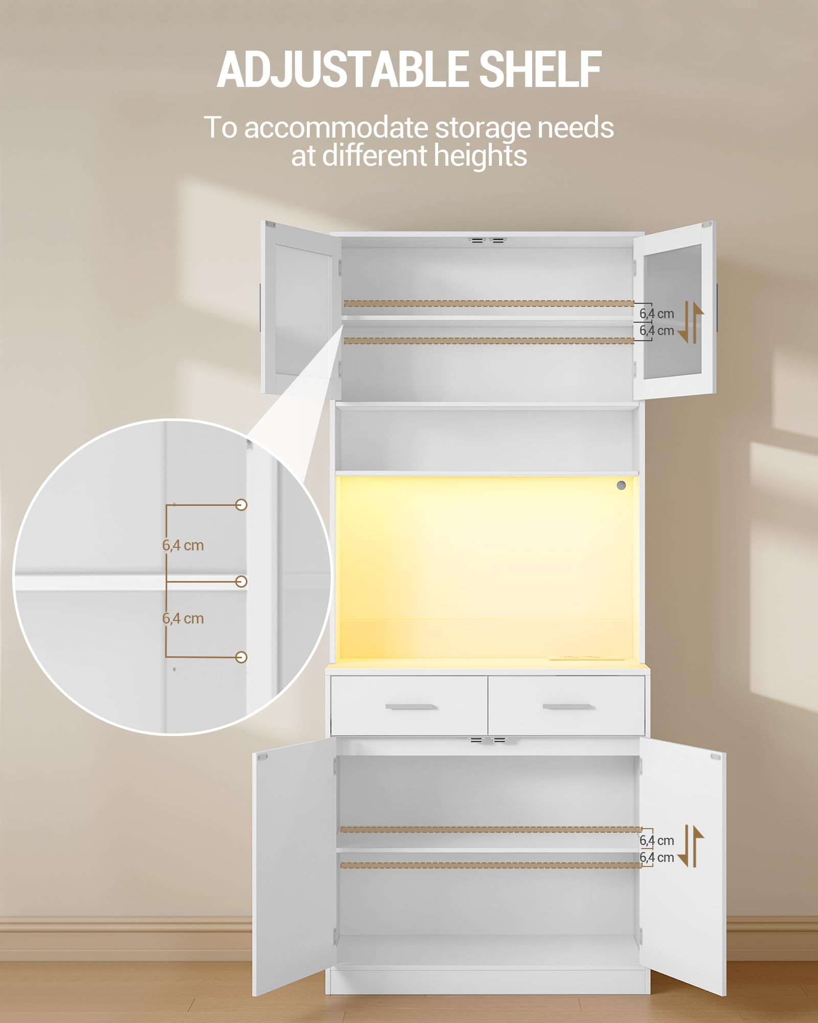 Hzuaneri Buffet, Meuble Cuisine Haut à 2 tiroirs, Meuble de Rangement avec multiprise et éclairage LED, 2 Portes vitrées, Cuisine, Salon, 40 x 80 x 190 cm, Blanc, PT10203XEU