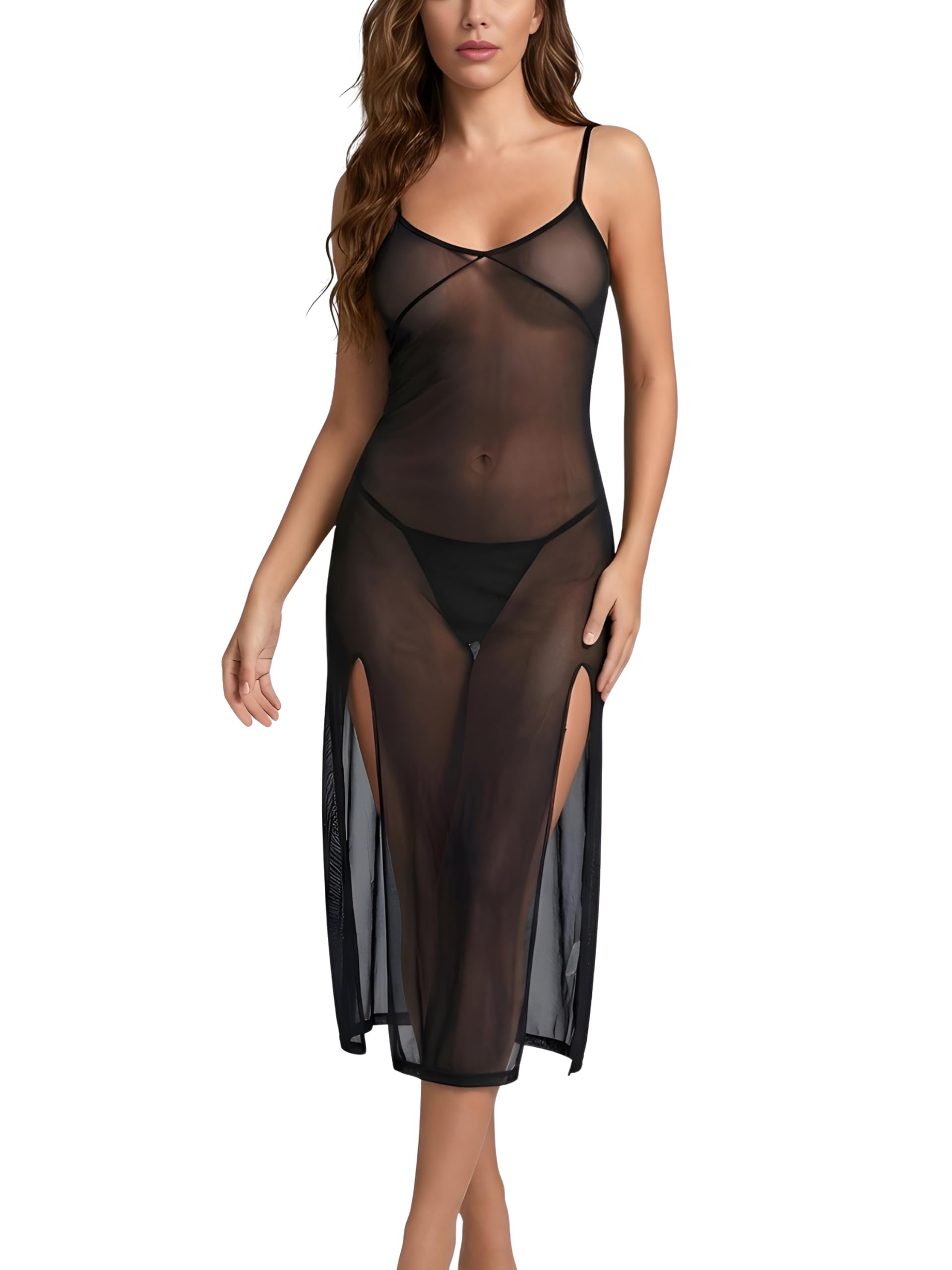 Women's Polyester Spandex Mix & Mesh Solid Maxi Long Baby Doll-image-35
