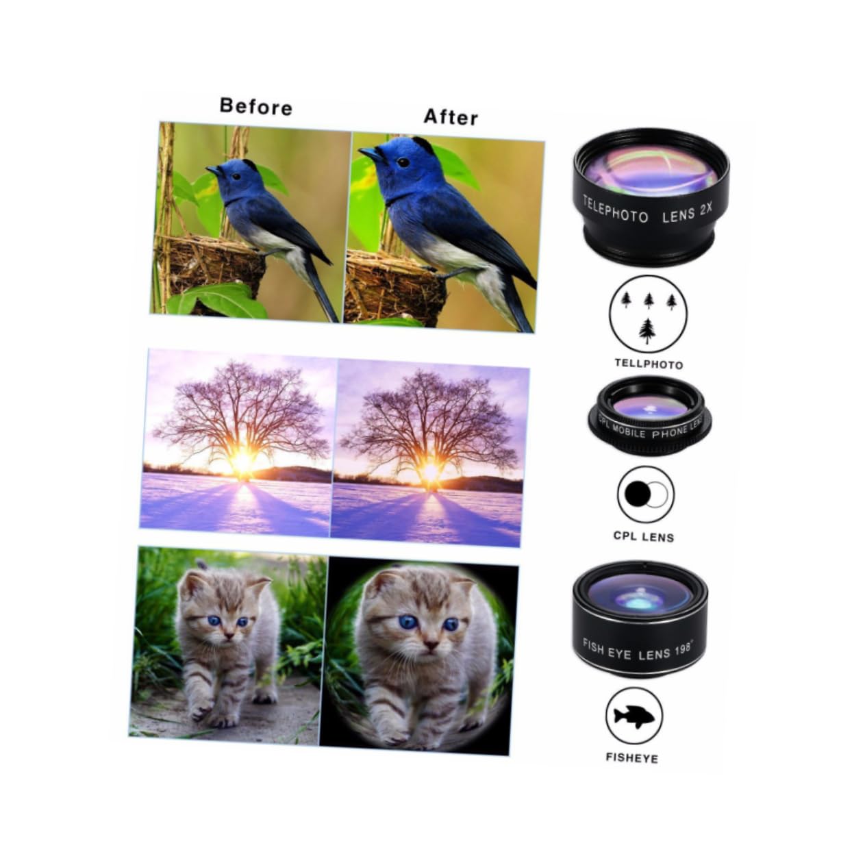 ABOOFAN 3piezas Kit De Lentes para Teléfono Móvil Lentes Ojo De Gran Angular Macro y Teleconvertidor Compatible La Mayoría De Smartphones Fácil Instalación y Alta Definición