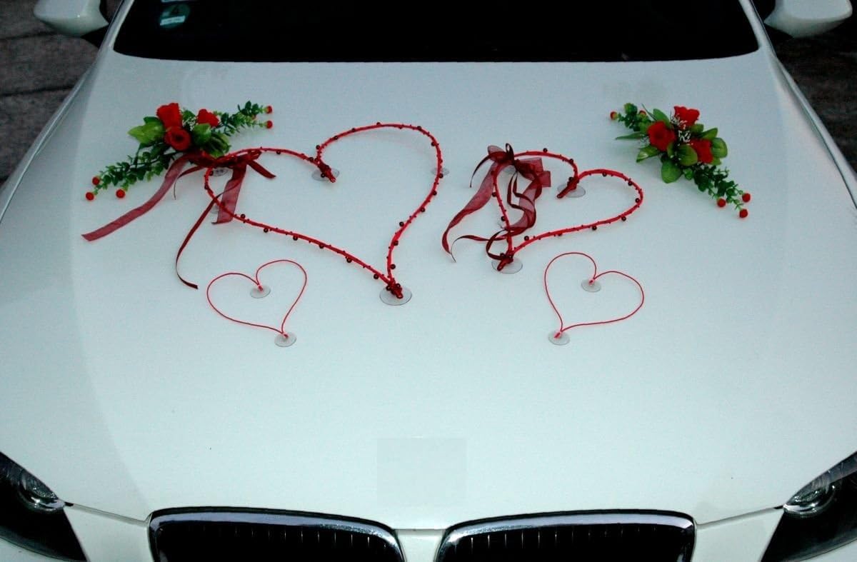 Kanten autoboeket, autoversiering, bruidspaar, rozen, decoratie, huwelijk, auto, bruiloftsdecoratie (rood 2