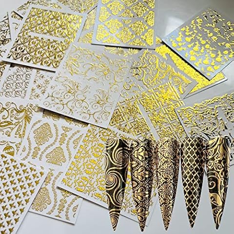 NAIL ANGEL 26Sheets Nail Art Adhesive Sticker Sheets Different Gold Color Luxury Shapes Sticker Nail Art Deco 10300 Cover
