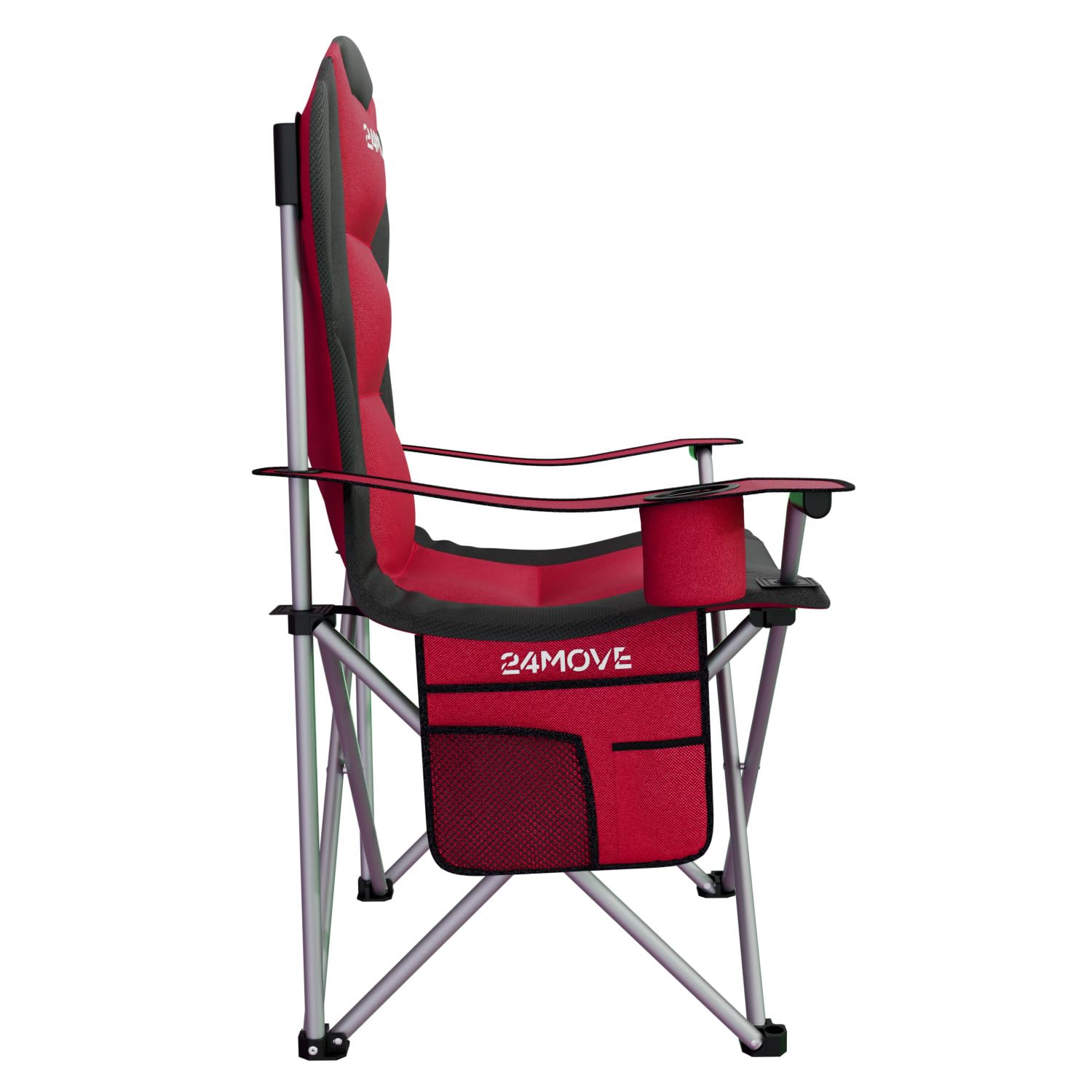 24MOVE® Campingstuhl faltbar bis 150 kg, Faltstuhl Angelstuhl Klappstuhl Gepolstert mit Armlehnen, Getränkehalter + Tasche mit hoher Rückenlehne, Strandstuhl, Klapphocker, rot