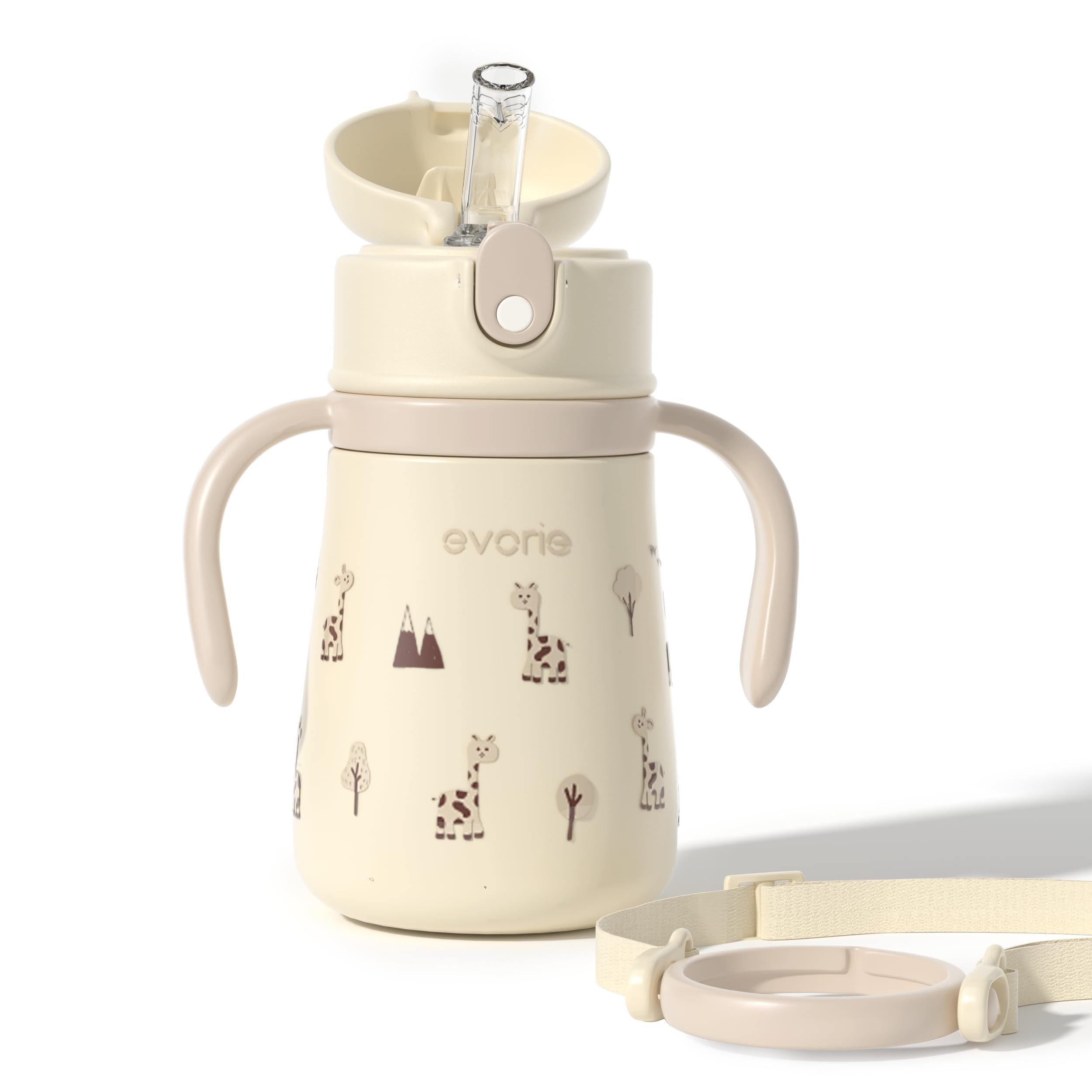 Evorie Leak Proof Vacuum Insulated Water Bottle, 316L Stainless Steel Sippy Cup for Toddlers, 11 oz Straw Cup with Handle & Adjustable Strap, Keeps