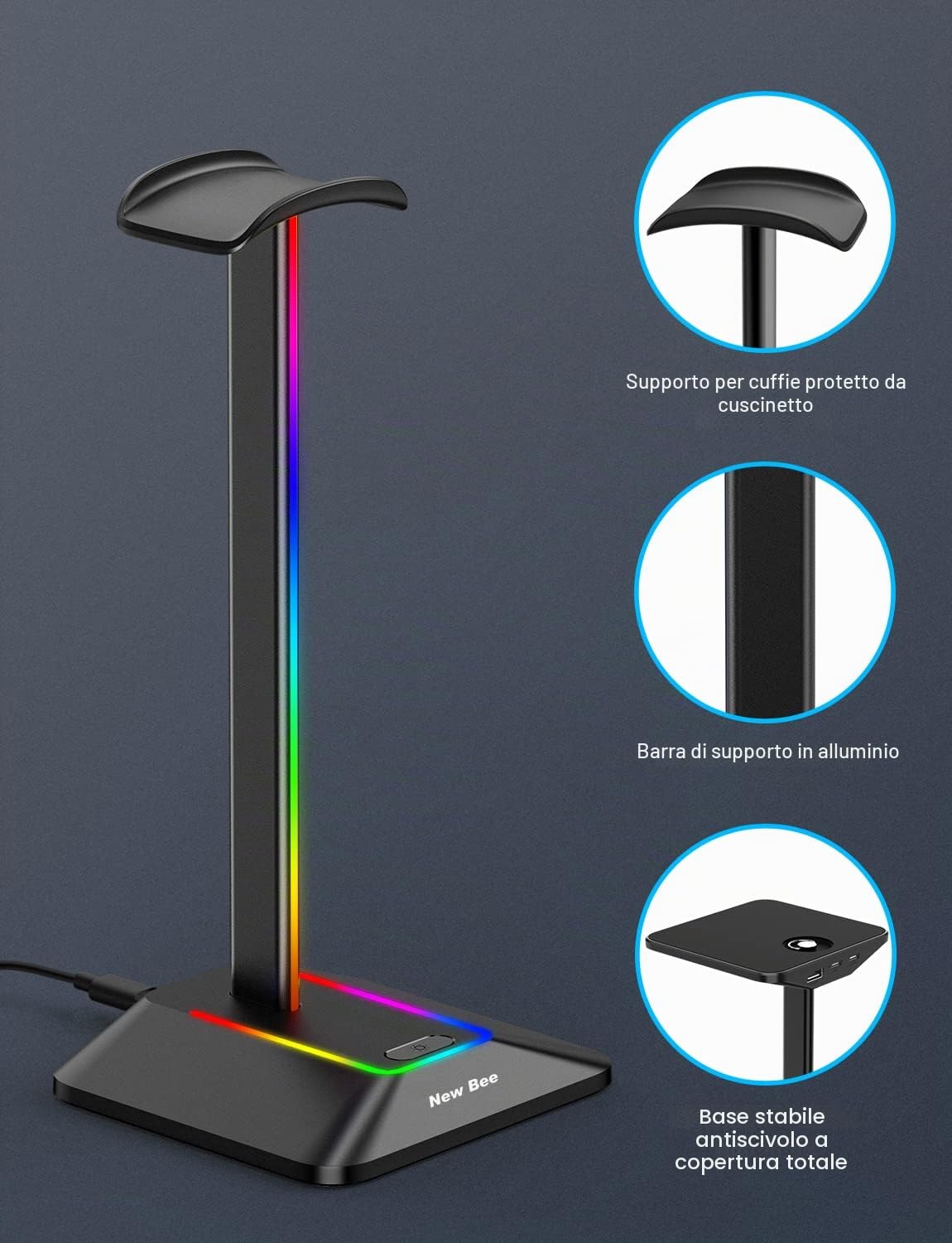 New Bee Supporto Porta Cuffie da Gioco RGB USB-C Caricabatterie Trasferimento Dati Universale Scrivania Nero