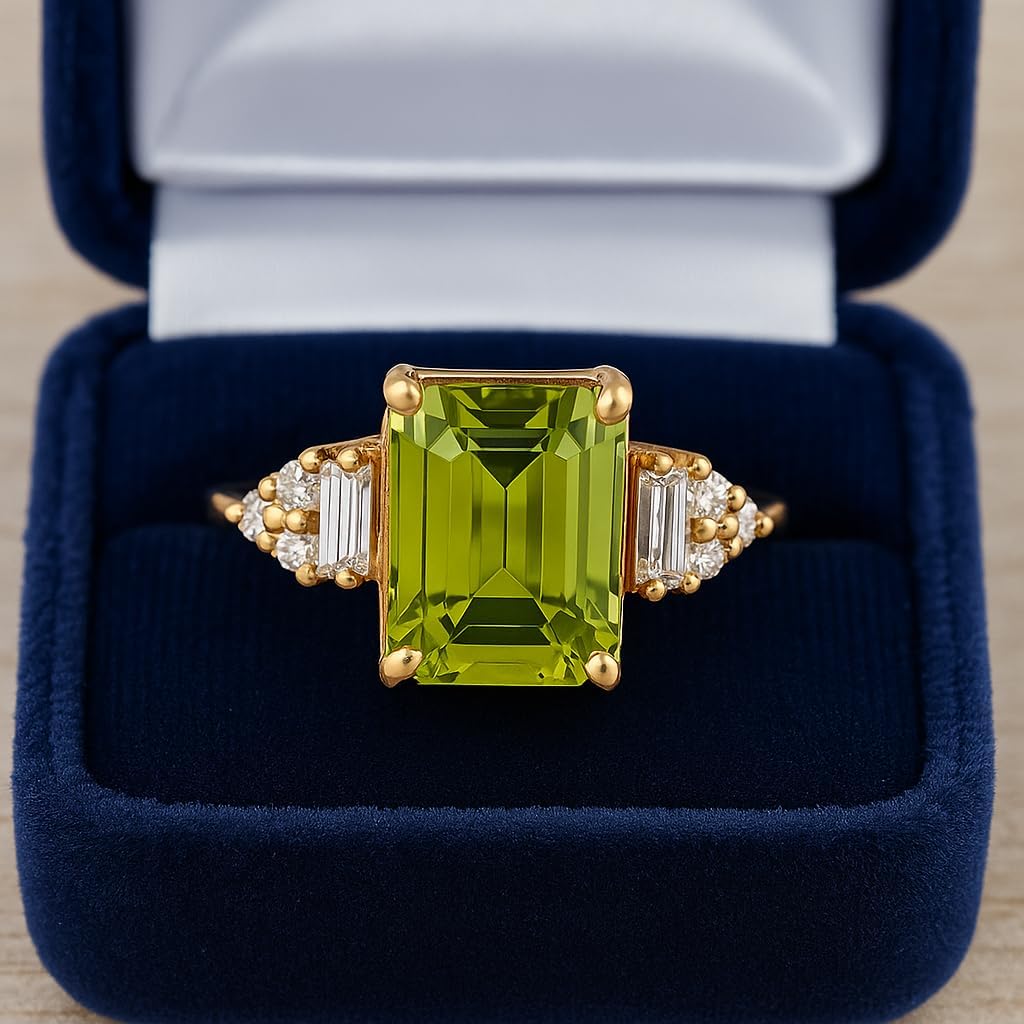 Emerald Cut Peridot Engagement Ring for Women 14K Yellow Gold Baguette Diamond Side Stone Ring Vibrant Green Gemstone Bridal Jewelry Gift