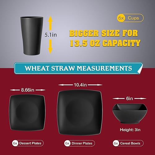 Miniatura 2 de Teivio Juego de vajilla cuadrada de paja de trigo de plástico de 24 piezas para 6, platos llanos irrompibles, platos de ensalada, cuencos de