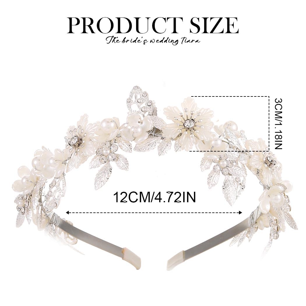 Kilshye Diadema de flores para novia, diadema de hojas para novia, diadema de perlas para mujeres y niñas (plata)