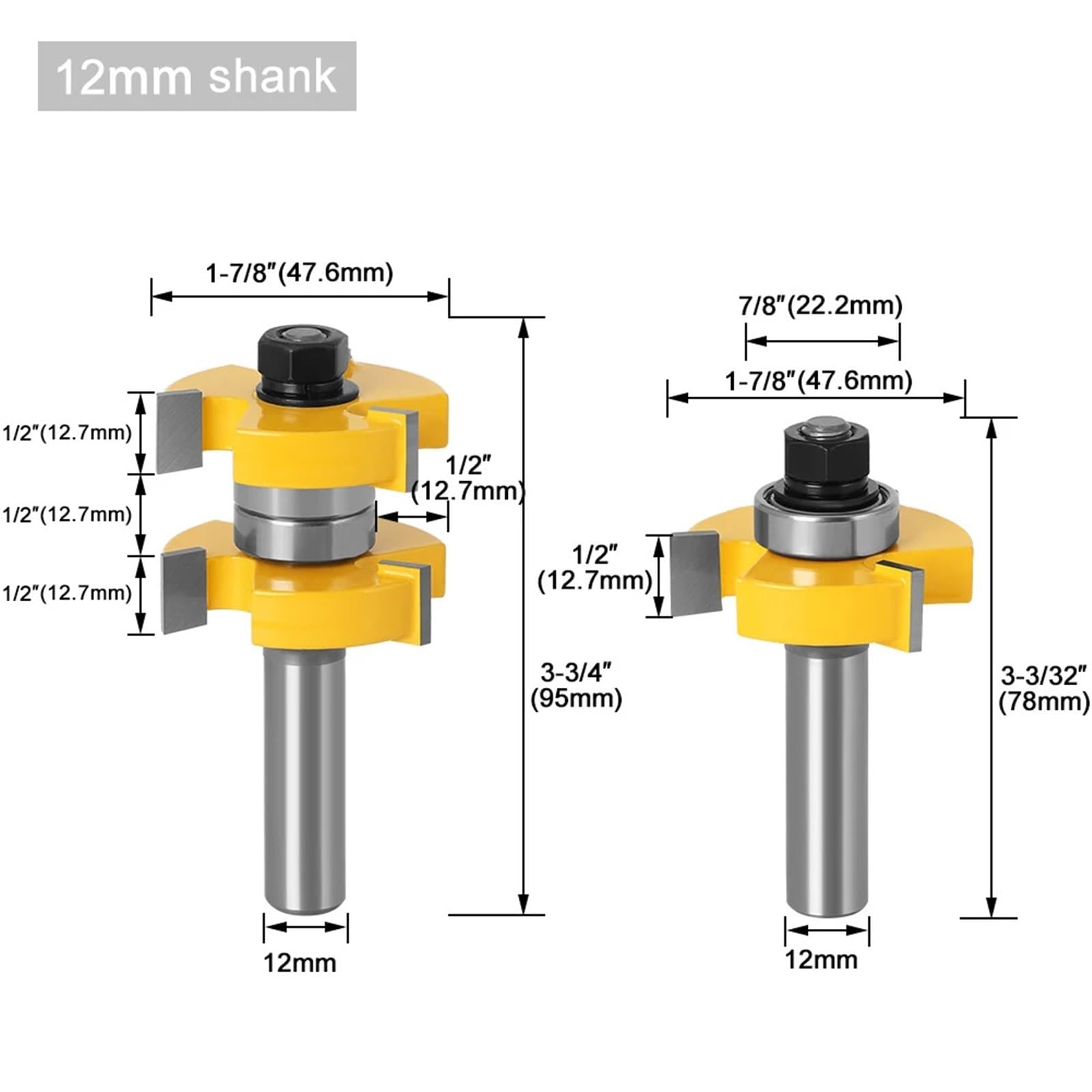 Broca de 1-1/2" de 12 mm con vástago de 1/2" y cabezal de fresado for ranuras de espiga (1 unidad)(12mm shank)