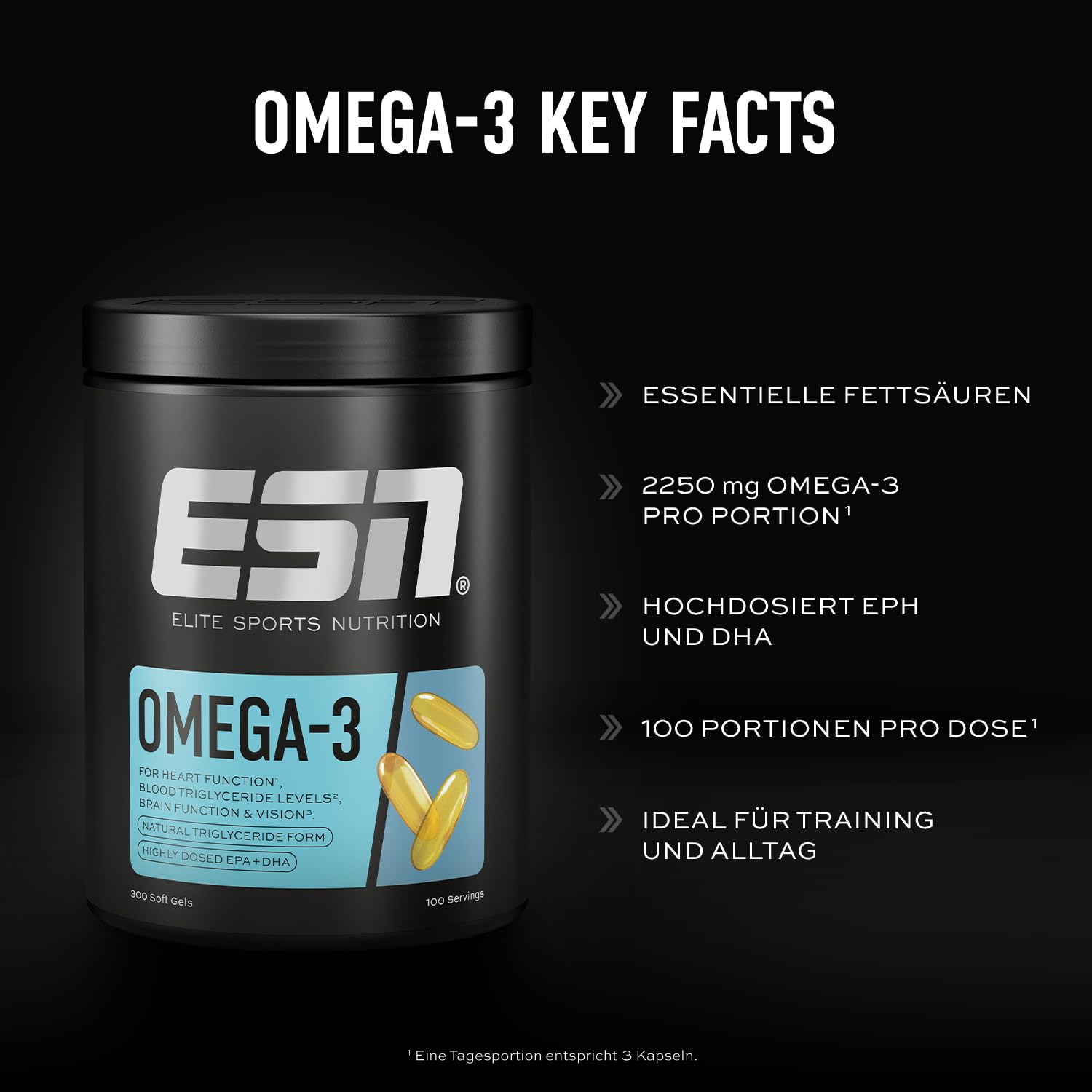 ESN Omega-3, 300 Kapseln, hochdosiertes EPA & DHA, 1200 mg EPA & 900 mg DHA pro Portion - made in Germany