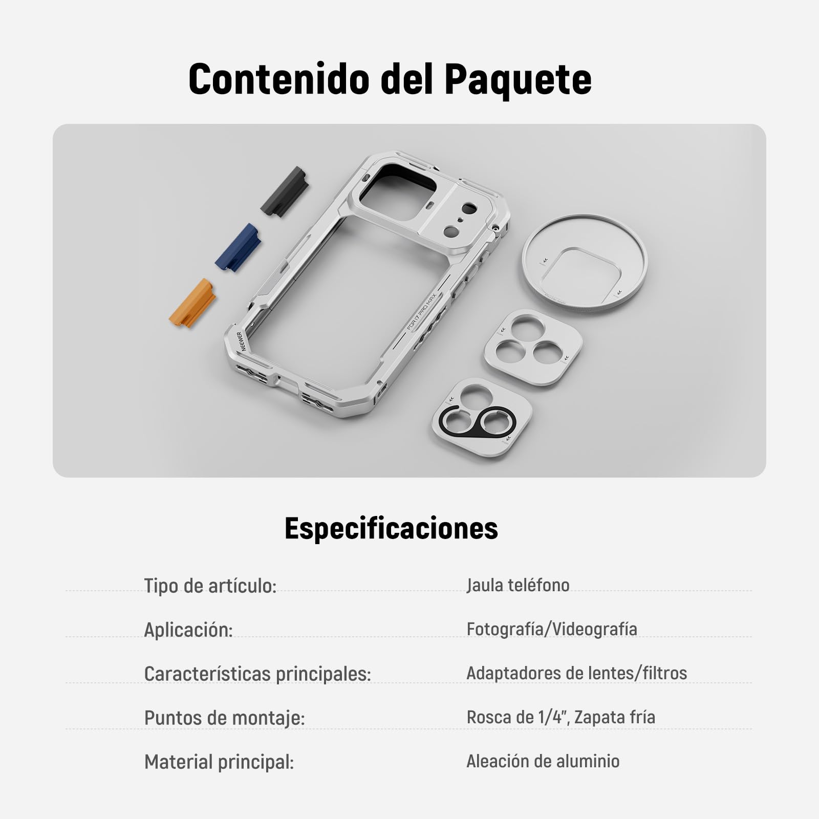 NEEWER Phone Cage Compatible con iPhone 17 Pro MAX,Quick Release Video Rig Estabilizador Accesorios con 67mm Anillo Filtro, 17mm Lens Backplate,T Mount Adaptador,4xTapa Control Cámara,PA144(Plateado)