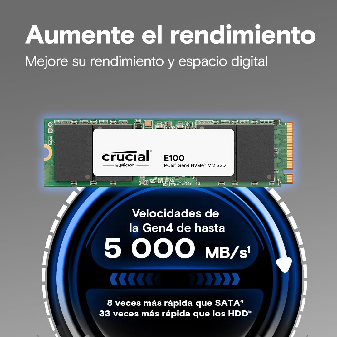 Crucial E100 1TB PCIe Gen4 NVMe M.2 SSD Interno, hasta 5.000 MB/s