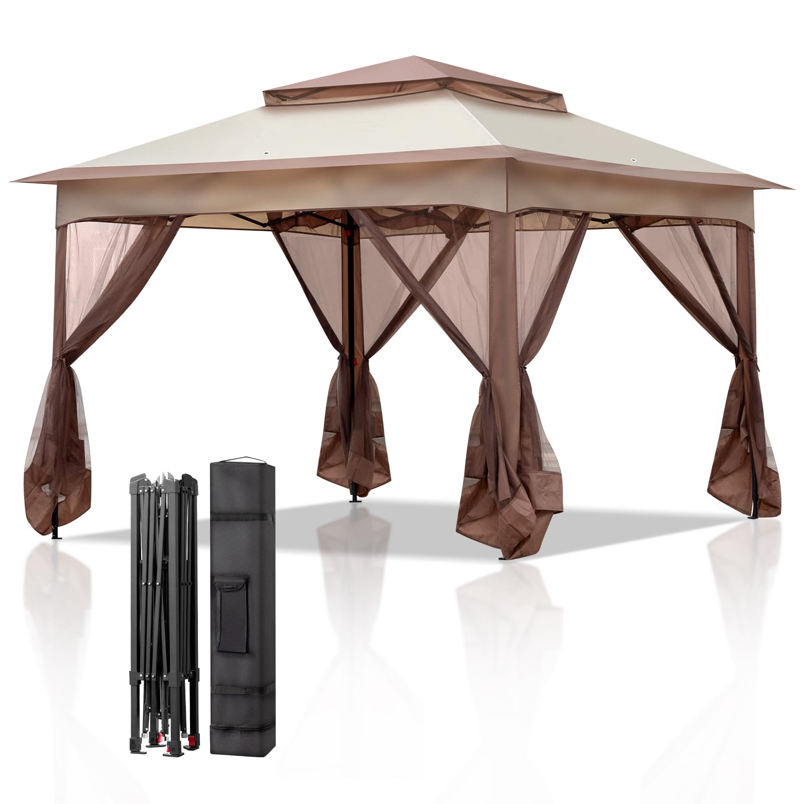 Bonnlo Pop Up Gazebo 3.3m x 3.3m with Mosquito Netting Sides, Garden Heavy Duty Pavilion Canopy with Zipped Mesh Side, Metal Pergola Gazebo for Outdoor Event