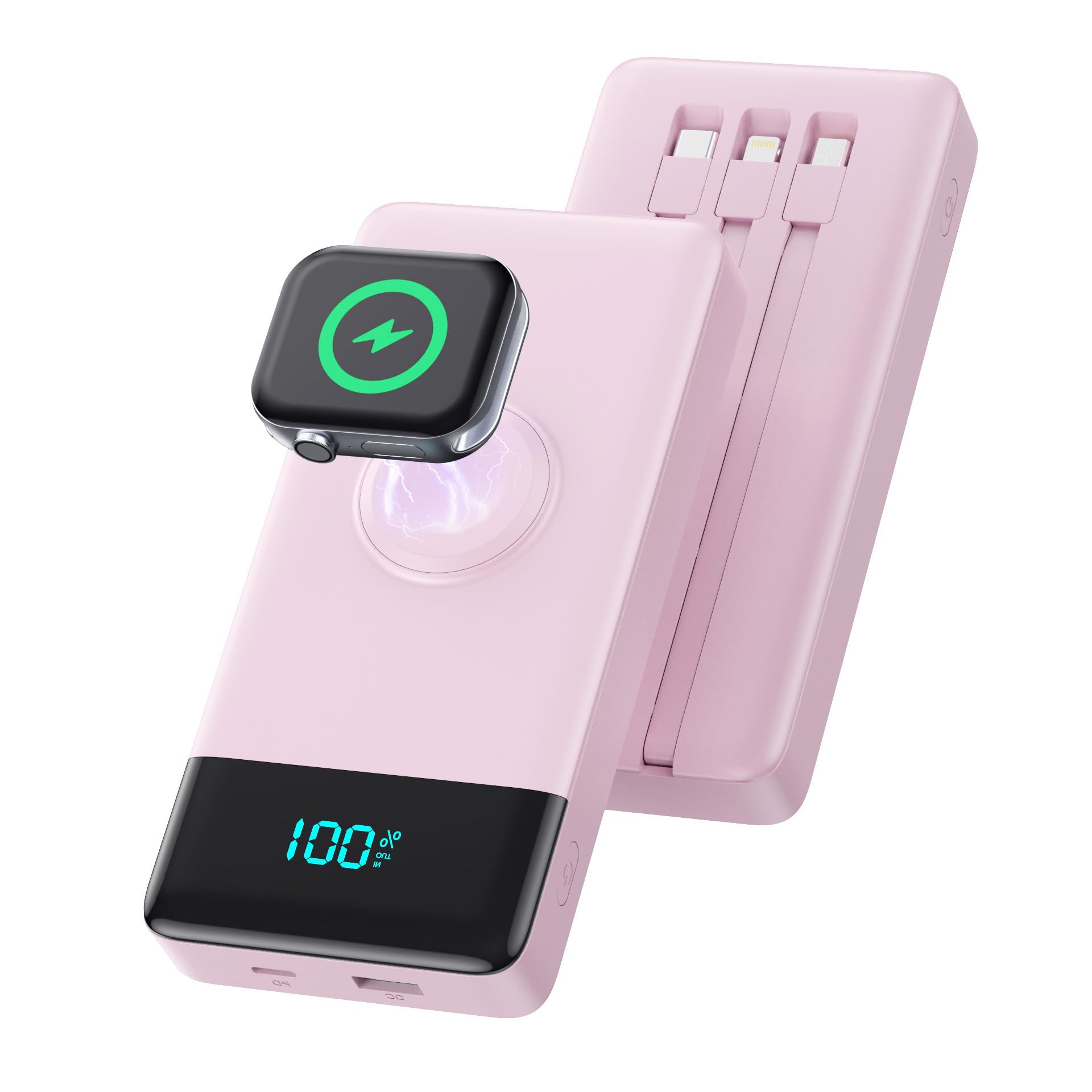 HETP Portable Charger with Built-in Cables and iWatch Charger,10800mAh QC4.0+PD Fast Charging USB C Power Bank,6 Outputs Travel Battery Pack Compatible with iPhone 16/15/14/13/12,Apple Watch(Pink)