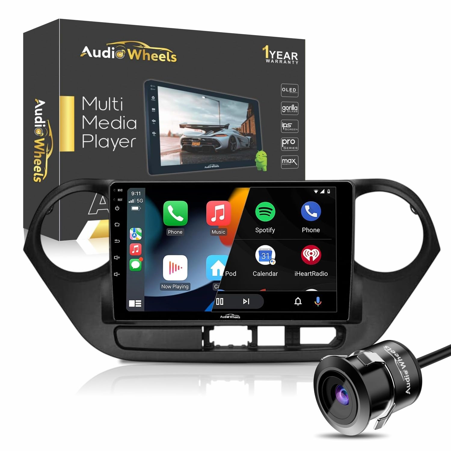 Audio Wheels Wireless CarPlay & Stereo Auto 9inch 1280P Car Android Display with Gorilla Glass | Android 13 | TS-9 Processor | 2GB & 32GB +Frame+HD Camera Included (Hyundai i10 Grand)-image-42