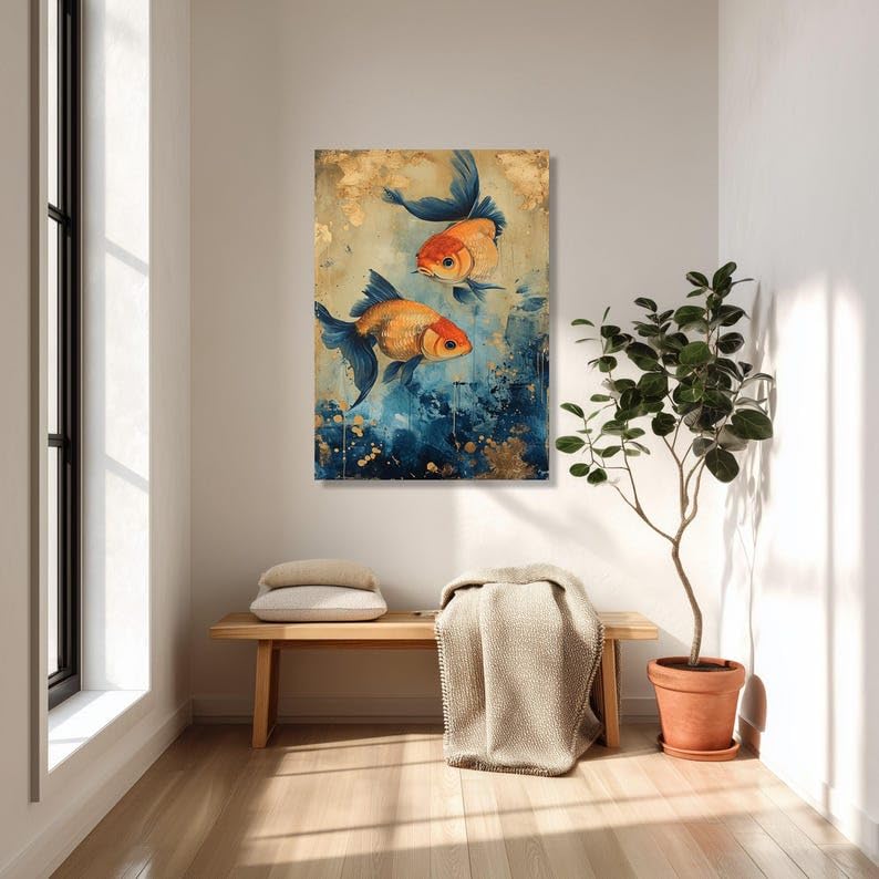 Tableau abstrait poissons rouges bleu et or 20x30cm - 3