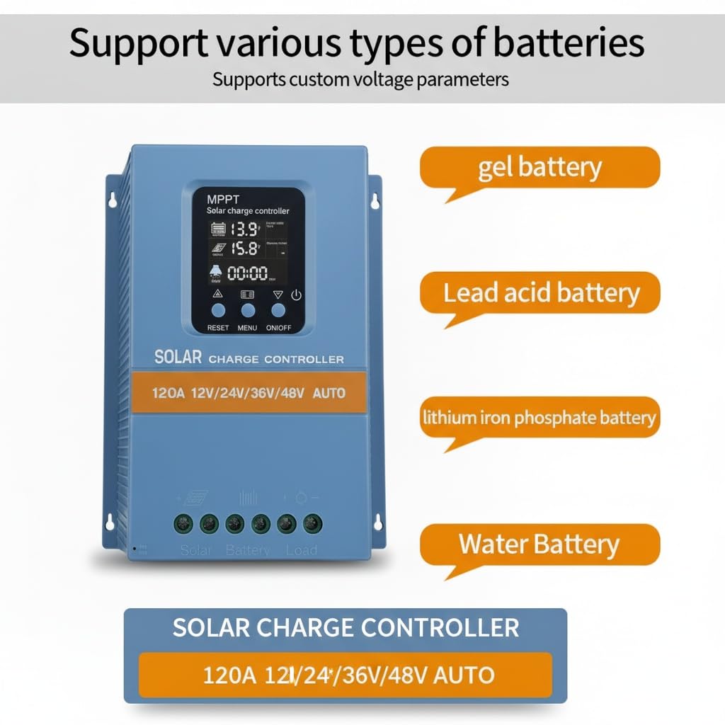 Profesjonalny kontroler ładowania solarnego MPPT 120 A, 12 V/24 V/36 V/48 V, wyświetlacz LCD, podwójny USB, wejście 100 V, do domu, kampera, łodzi