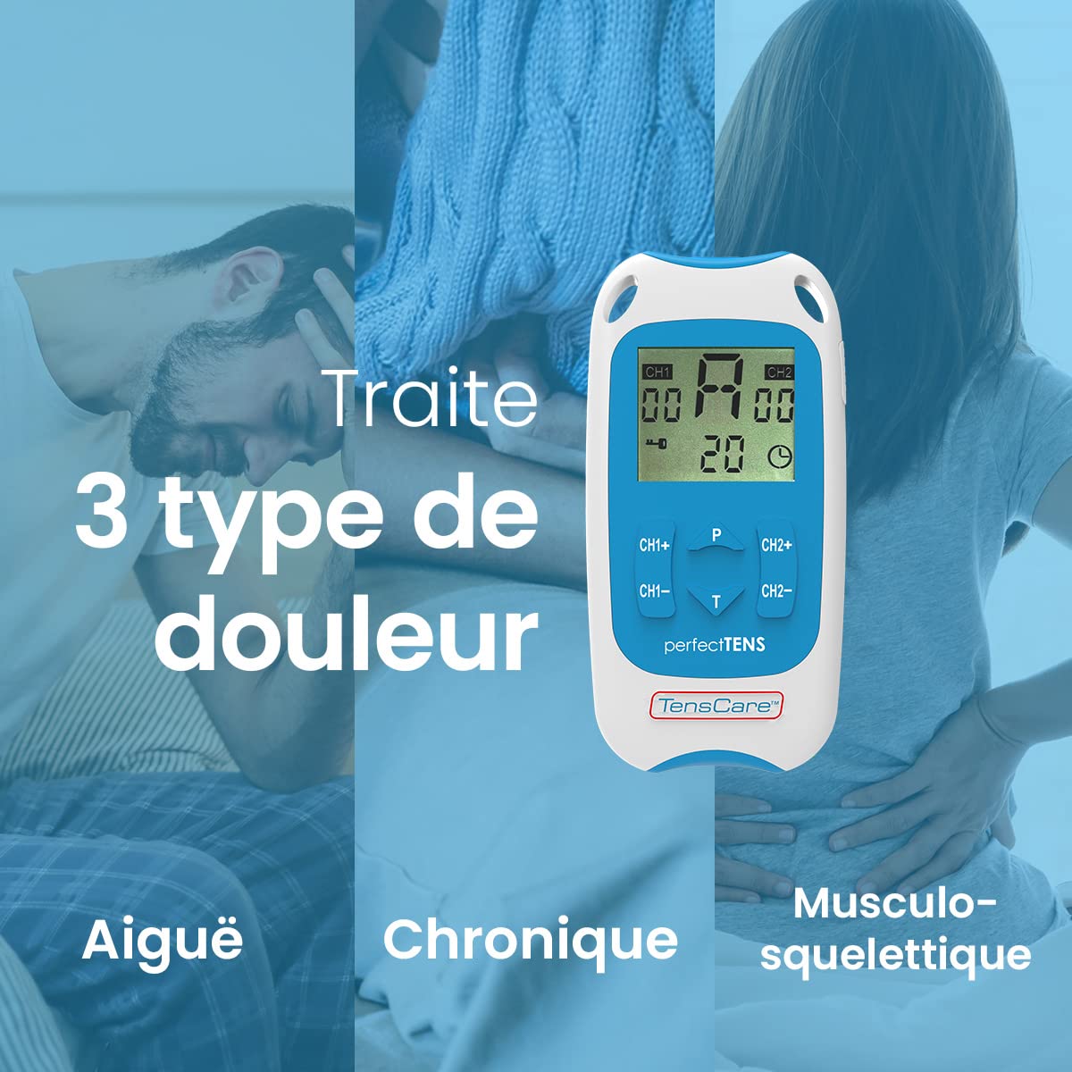 TensCare - Perfect Tens, Appareil de soulagement de la douleur, 16 modes, double canal, thérapie facile à utiliser et efficace pour la douleur chronique