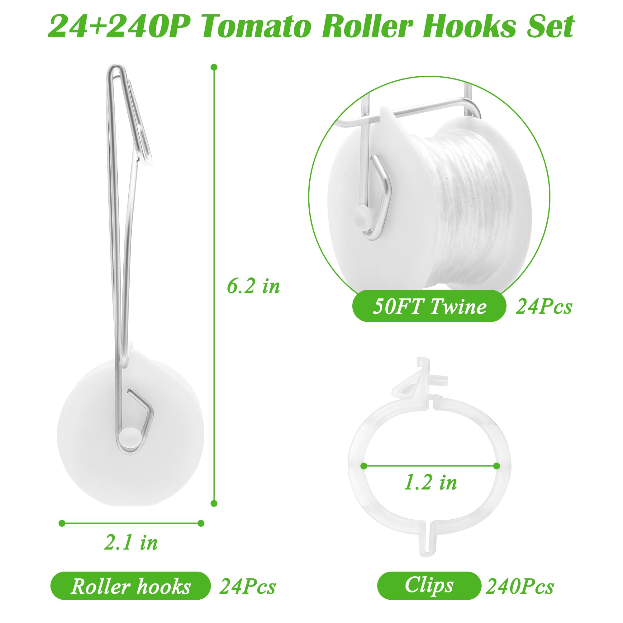 Ganchos de rodillo de tomate de 24 + 240 p con cordel de 50 pies y clips de enrejado de tomate, ganchos de escalada de plantas de vid Pletpet ganchos de soporte de tomate para cultivo de cordel de