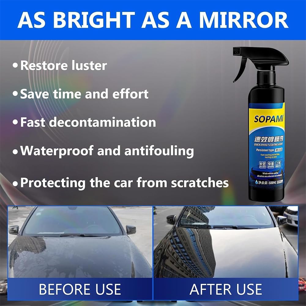 Sopami Quick Effect Coating Agent, 500 ml Sopami Quick Effect Coating Agent, 3 w 1 High Protection Quick Car Coating Spray Hydrophobic Trim Coating, Car Scratch Wax Polish Spray Waterless Wash (2 szt