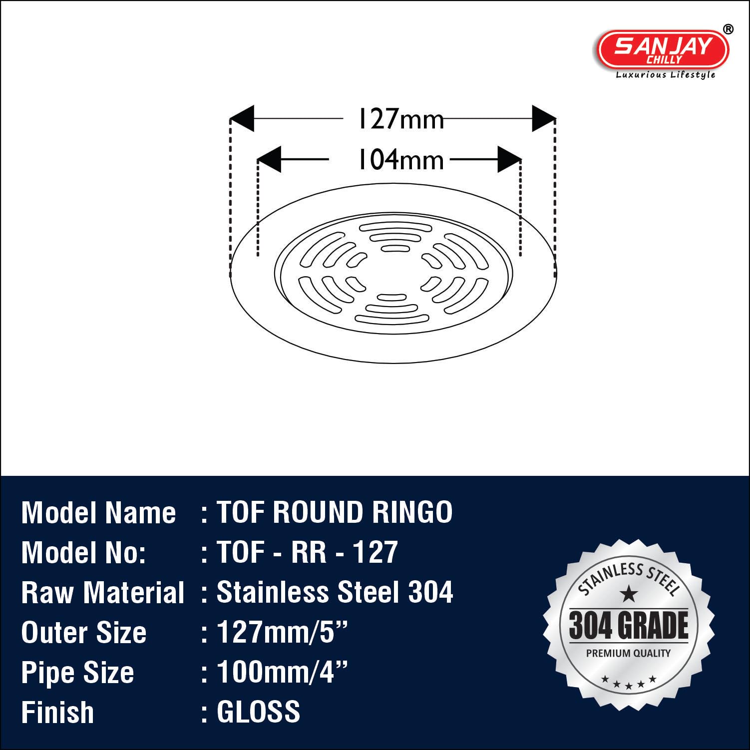 Sanjay Chilly Round Ringo Floor Drain Cover Jali 5 INCH for Bathroom 304 Grade Waste Water Drainer Washbasin Sink Bathtub Laundry Safety from Cockroach & Insects (Round Ringo Silver) 1