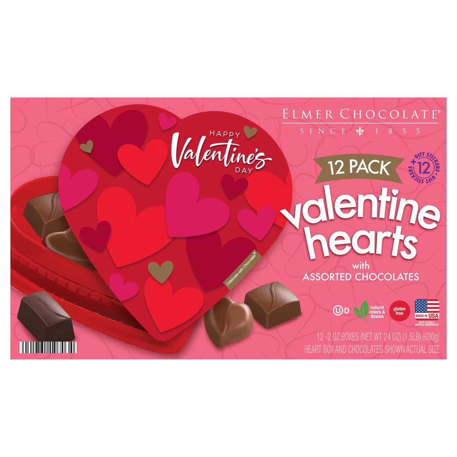 Elmer Chocolate Valentine Hearts, 12 Pack, Assorted Chocolates, 24 oz, Heart Shaped Gift Boxes