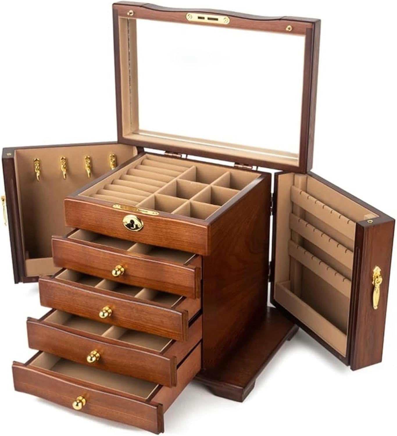 KEuLen Portagioie in Legno, Portagioie Donna, Portagioielli in Legno massello con 4 cassetti, Grande, con Specchio e Serratura(D)