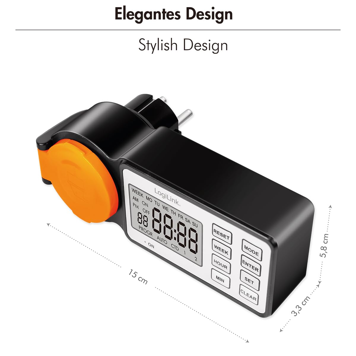 LogiLink ET0016 – zewnętrzny programator czasowy z 12 programami i timerem, wyświetlacz 2,2", klasa ochrony IP44, 3600 W