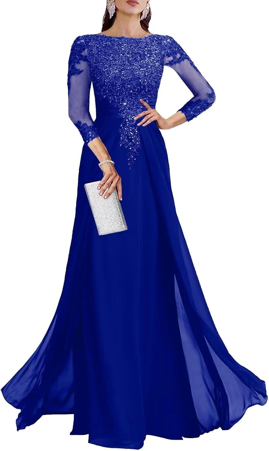 Mother of The Bride Dresses for Wedding A Line V Neck 3 4 Sleeve Long Chiffon Lace Sequin