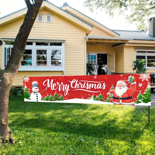 Image of Snowman and Santa Outdoor Banner 78.7 x 17.7 Inch Red Background with Snowflakes and Christmas Trees Festive Holiday Decoration for Yard Garden Fence Porch or Patio Display