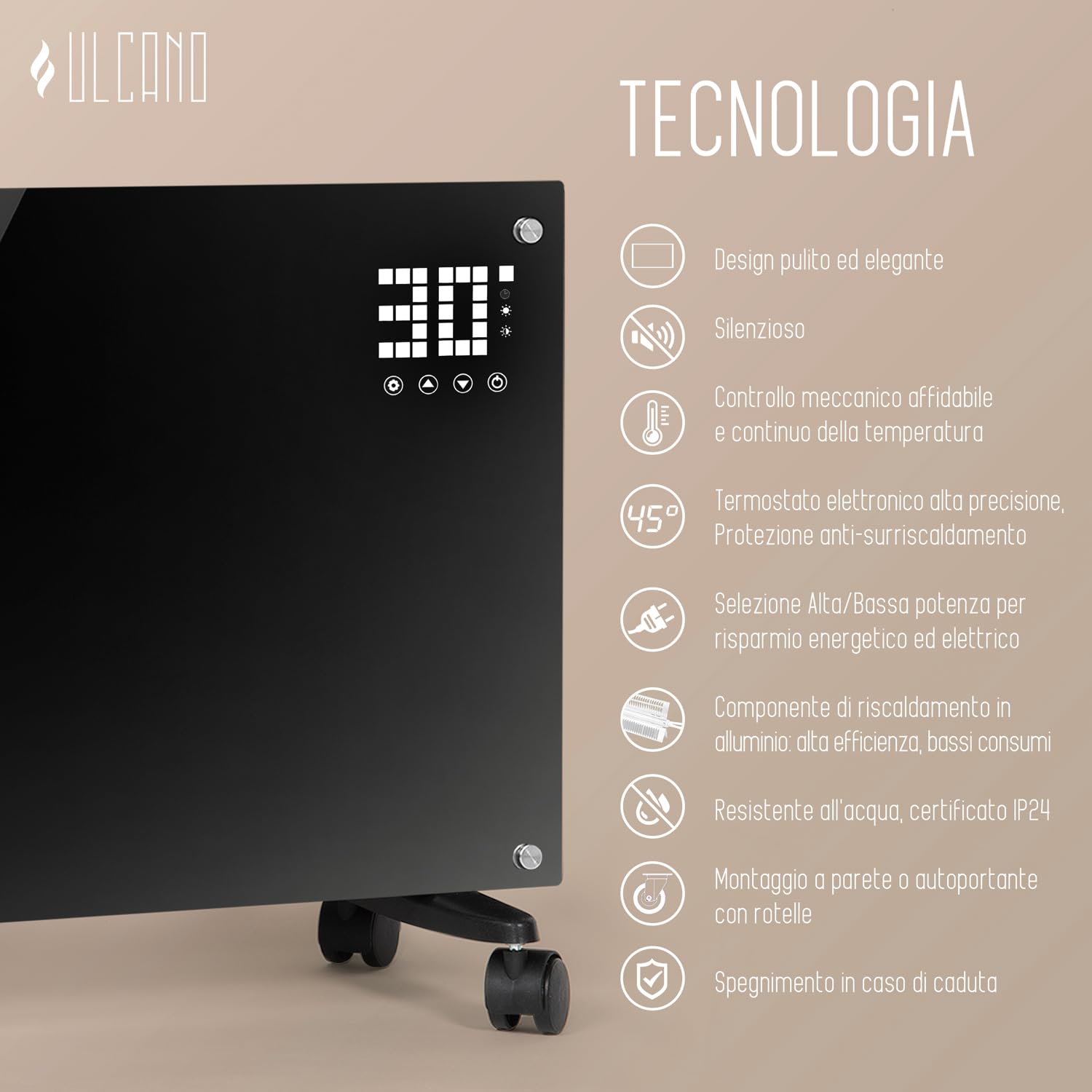 Stufa Elettrica Basso Consumo 2000W (Modalità ECO 1000W), Termoconvettore con Ruote + Montaggio a Parete, Vetro Temperato, Display Touch + Timer + Telecomando, Stufetta con Termostato, Nero
